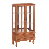 English Elm Lighted Glass Cabinet Glass Wine Cabinet Curio Display Cabinet With Adjustable Glass Shelves 2 Doors and 1 Drawer Cabinet Bulb Included Oak