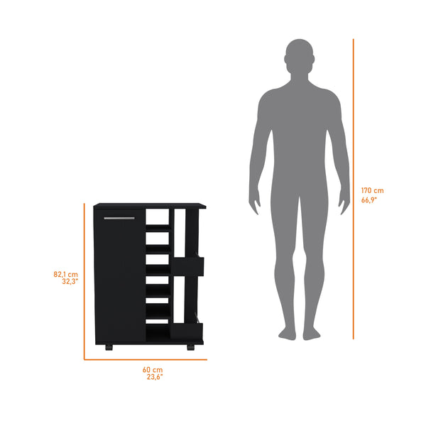 English Elm Tennessee Mobile Bar Cart with Cabinet, Six Bottle Cubbies, Top Rail Prep Area & Locking Wheels Black 33 L x 18 W x 7 H B128P176142