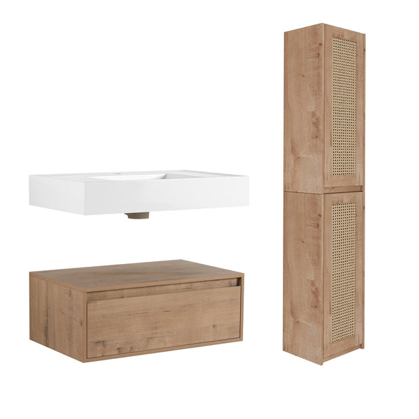 English Elm 30 Inch Wall-Mounted Bathroom Vanity With Resin Sink & Soft Close Drawers - Modern Storage Solution W999S00354