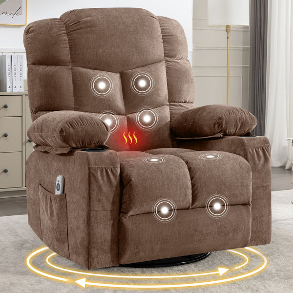 English Elm Massage Rocker Recliner Oversized Chair with Heat Vibration Usb Port and Storage Pockets Brown W1807S00011