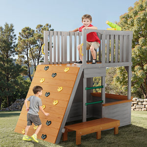 English Elm Large Two Story Wooden Kids Outdoor Playhouse with Lookout Telescope Sandbox and Ramp W2992S00003