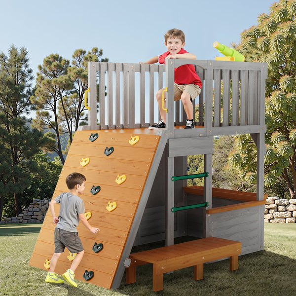 English Elm Large Two Story Wooden Kids Outdoor Playhouse with Lookout Telescope Sandbox and Ramp W2992S00003