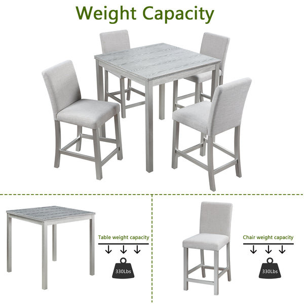 English Elm 5 Piece Counter Height Table Set – Stylish Wooden Dining Set With Upholstered Chairs & Crystal Accents W1998S00039