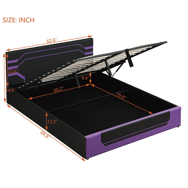 English Elm Modern Cyberpunk Queen Platform Bed Hydraulic Storage Pu Upholstered Gaming Frame Purple+Black SF000205AAI