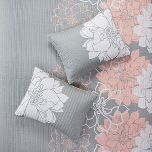 English Elm 6 Piece Lola Reversible Cotton Quilt Set King/Cal King Grey Peach Floral Printed OEKO-TEX Certified Luxury B03597571