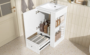 English Elm 20" Freestanding Bathroom Vanity Mdf Cabinet Ceramic Sink Open Shelves Powder Room White N725P364210K