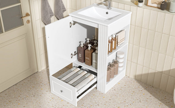 English Elm 20" Freestanding Bathroom Vanity Mdf Cabinet Ceramic Sink Open Shelves Powder Room White N725P364210K