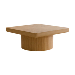 English Elm 34.6'' Square Coffee Table Parquet Wood Veneer Sculptural Cylindrical Base Modern Living Room Natural Wood W1435P337646