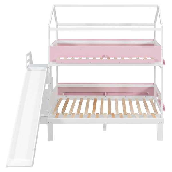 English Elm House-shaped Pine Bunk Bed with Built-in Slide Storage Staircase Twin Over Full Kids Frame White+Pink N820S00082K