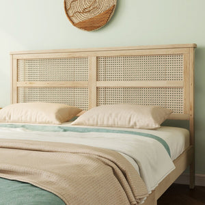 English Elm Queen Size Solid Rubberwood Bed With Rattan Headboard – Durable, Stylish & Space-Saving Design! W504P184305-GIGA