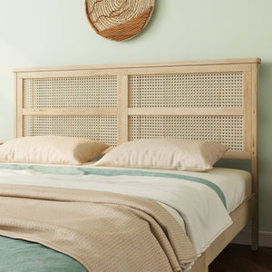 English Elm Queen Platform Bed Solid Rubberwood Arched Rattan Headboard Natural Boho Bedroom W504P380560