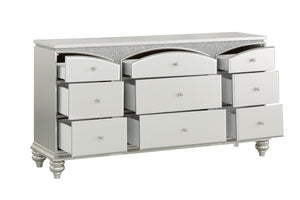 English Elm Maverick Platinum Finish Dresser with 9 Drawers, Crystal Knobs, Rhinestone Inlay, Felt Top Drawer - Luxurious Storage Silver 70.5 L x 20.5 W x 34 H B2726P247644