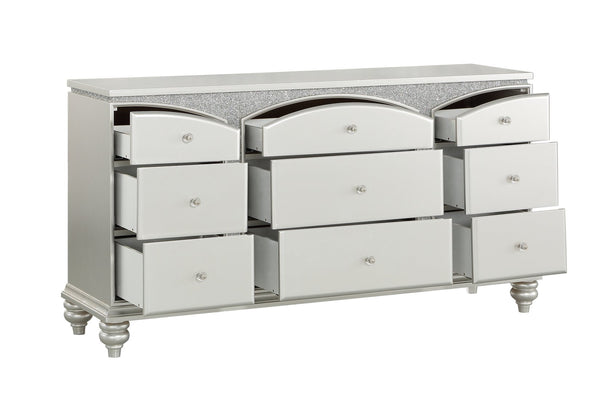 English Elm Maverick Platinum Finish Dresser with 9 Drawers, Crystal Knobs, Rhinestone Inlay, Felt Top Drawer - Luxurious Storage Silver 70.5 L x 20.5 W x 34 H B2726P247644