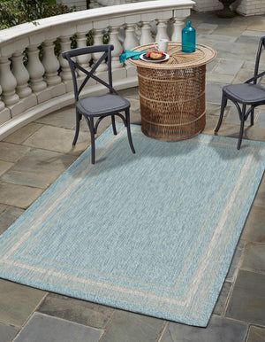 Unique Loom Outdoor Border Soft Border Machine Made Border Rug Aquamarine, Ivory 5' 1" x 8' 0"