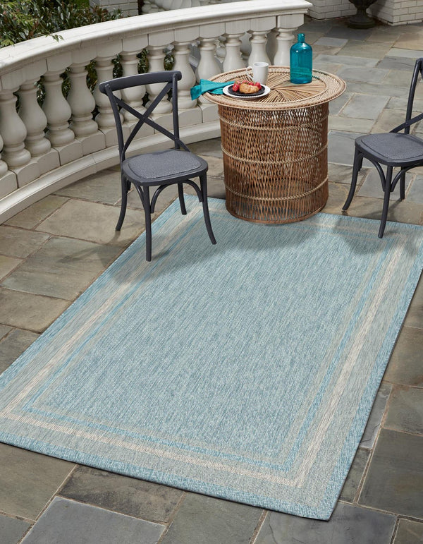 Unique Loom Outdoor Border Soft Border Machine Made Border Rug Aquamarine, Ivory 5' 1" x 8' 0"