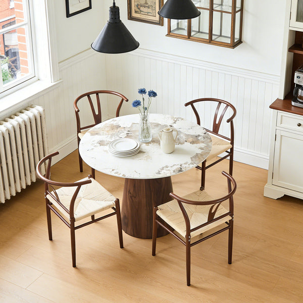 English Elm Table and Chair Set 42 Inch Round Stone Top with Rope Woven Wishbone Dining Seats W2920S00146