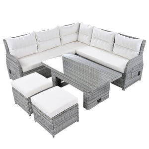 English Elm Outdoor Rattan Furniture Set With Adjustable Recliners, Versatile Tables, And Ottomans For Patios N719Z000120A-GIGA