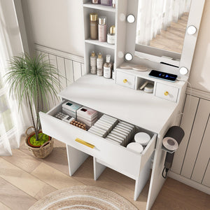 English Elm Vanity compact dressing desk with LED mirror, 3-color dimmable lights, drawers, stool, outlet White W2699P345800