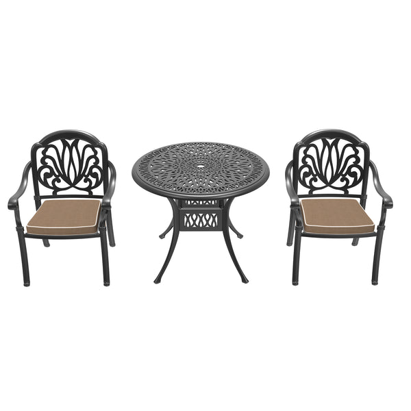 English Elm 3-Piece Elegant Cast Aluminum Patio Set With Comfortable Brown Cushions For Stylish Outdoor Dining W1710S00049
