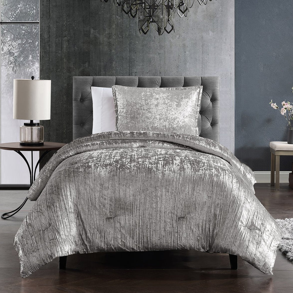English Elm Turin Silver Crinkle Velvet 2-Piece Twin Set with Brushed Polyester Backing and Coordinating Sham B340P341988