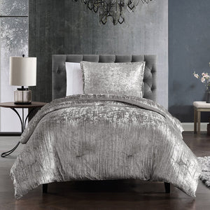 English Elm Turin Silver Crinkle Velvet 2-Piece Twin Set with Brushed Polyester Backing and Coordinating Sham B340P341988