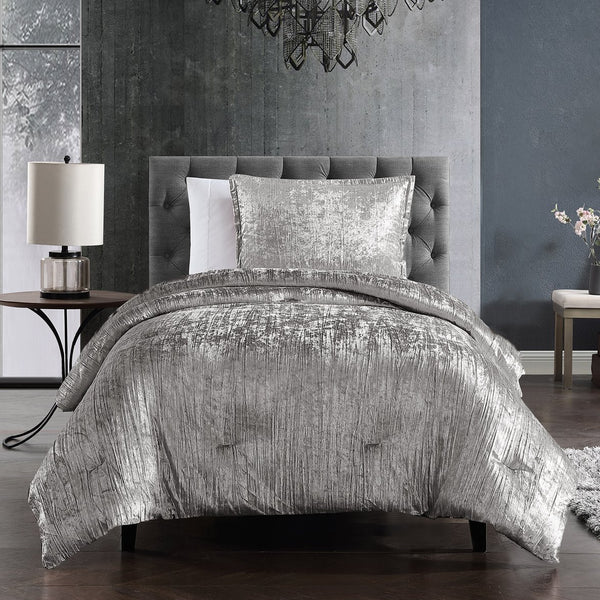 English Elm Turin Silver Crinkle Velvet 2-Piece Twin Set with Brushed Polyester Backing and Coordinating Sham B340P341988