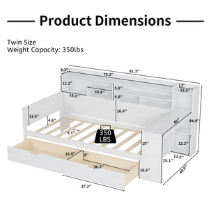 English Elm Wooden Twin Daybed with Built-In Desk, Side Shelves and Dual Drawers for Smart Space Saving Antique White 54.9 L x 18.75 W x 5.6 H N733S241484K