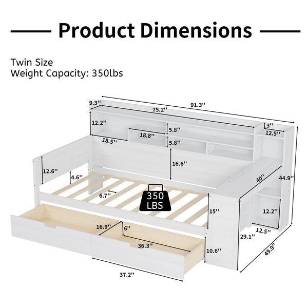 English Elm Wooden Twin Daybed with Built-In Desk, Side Shelves and Dual Drawers for Smart Space Saving Antique White 54.9 L x 18.75 W x 5.6 H N733S241484K