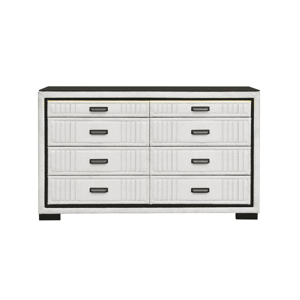 English Elm Isaiah Upholstered White and Black Chest with LED Lighting, Solid Wood MDF, Spacious Drawers and Handles White+Black 62.6 L x 18.11 W x 37.6 H B201P391217