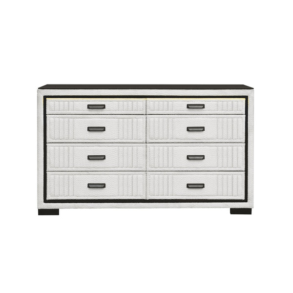 English Elm Isaiah Upholstered White and Black Chest with LED Lighting, Solid Wood MDF, Spacious Drawers and Handles White+Black 62.6 L x 18.11 W x 37.6 H B201P391217