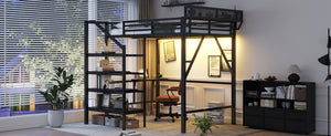 English Elm Full Size Metal Loft Bed with Foldable Desk Staircase Storage and Led Lighting W2580S00072
