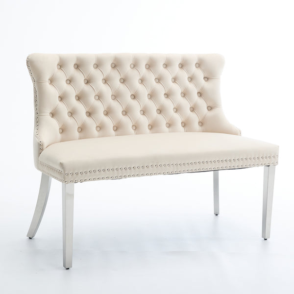 English Elm Velvet Wingback Dining Bench Tufted Two Seat Mid Century Modern Brushed Steel Base Beige W1143P406980
