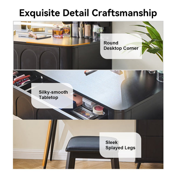 English Elm Modern Makeup Vanity Desk with Slide-Out Cabinet, LED Mirror, 4 Soft-Close Drawers & Cushioned Stool Black N844P257529B