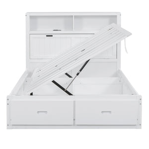 English Elm Wood Full Size Hydraulic Platform Bed with LED Headboard, Charging Station, Hidden Storage Drawers and Shelves White GX000371AAK