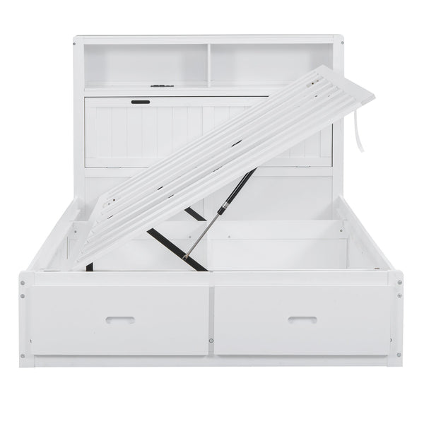 English Elm Wood Full Size Hydraulic Platform Bed with LED Headboard, Charging Station, Hidden Storage Drawers and Shelves White GX000371AAK