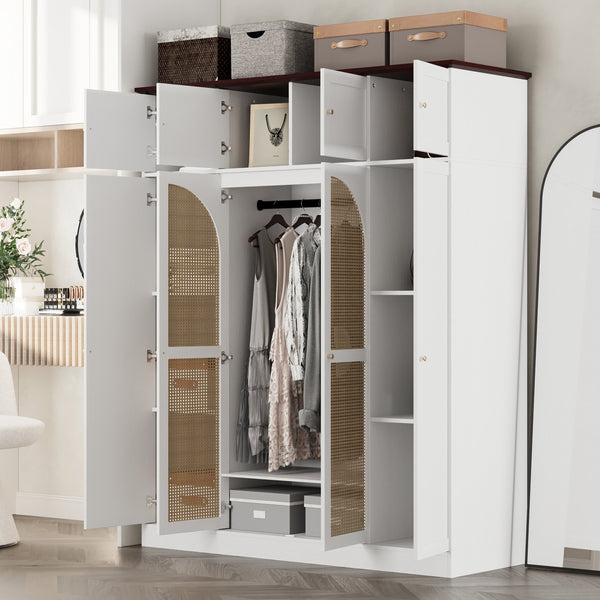 English Elm 70.87"tall Rattan Door Armoire Freestanding Wardrobe with Adjustable Shelves Hanging Rod White W757S00055