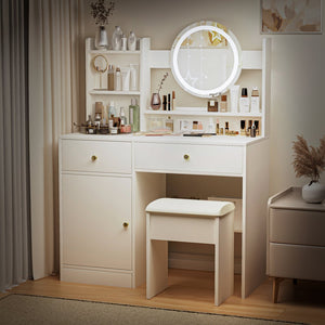 English Elm Fashion Vanity Desk With Adjustable Led Mirror & Cushioned Chair - Elegant, Organized, White Set W2699P214618