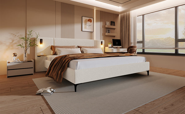 English Elm Christopher Knight Home® - Chic Boucle Upholstered Bed With Integrated Lights & Shelving For Modern Bedrooms, King Size N769P264787K