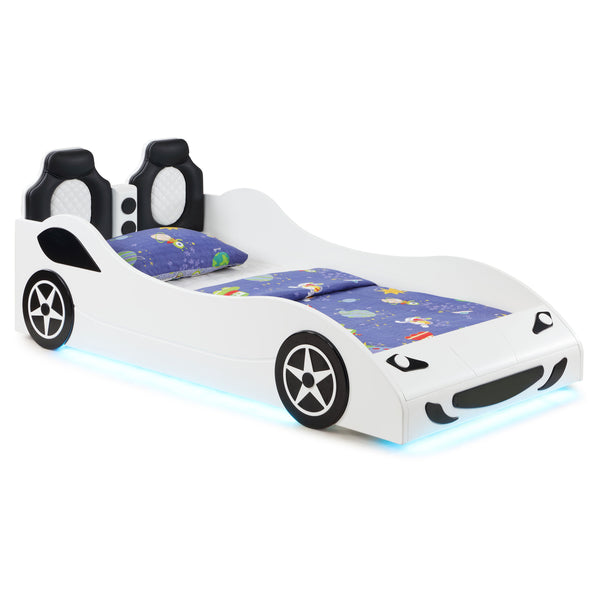English Elm Solana Race Car Twin Bed with LED Underglow Lights, Padded Headboard, White Wood, Playful Design B062S01109