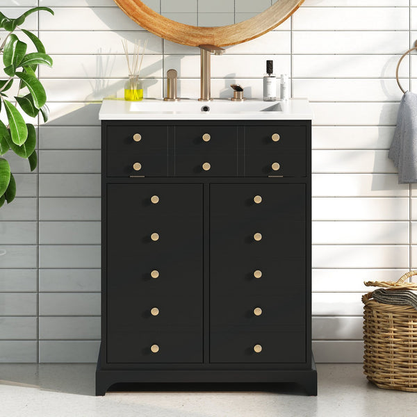 English Elm 24" Modern Bathroom Vanity with Ceramic Sink, Gold Handles, Tip-Out Drawer & Dual Soft-Close Doors N710P276692B