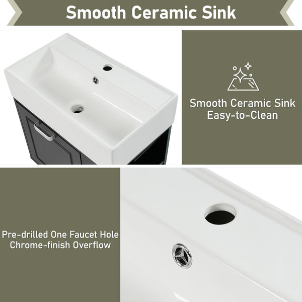 English Elm Christopher Knight Home® - 21.8" Wall-Mounted Bathroom Vanity with Ceramic Sink, Soft-Close Drawer, Adjustable Shelves & Tissue Holder Black N759P292550B