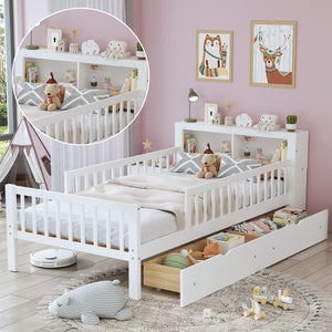 English Elm Twin Size Bed With Headboard Storage, Two Drawers, Safety Guardrails, And Stylish White Finish N733P272374K-GIGA