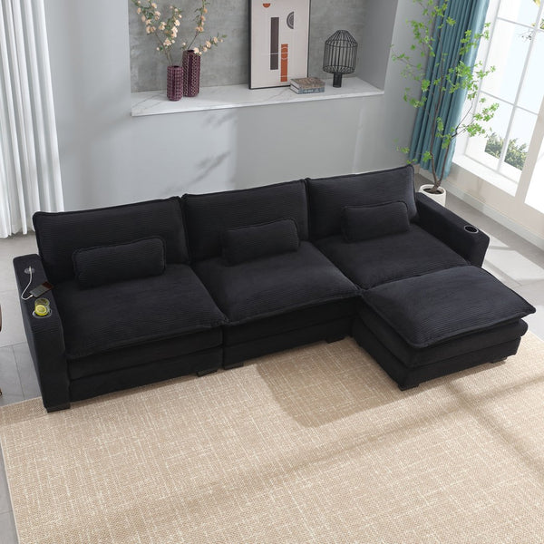 English Elm L Shape Sofa Couch With Usb Charging & Cup Holders, Cozy 3-Seater Sectional & Ottoman, Black W2100S00184