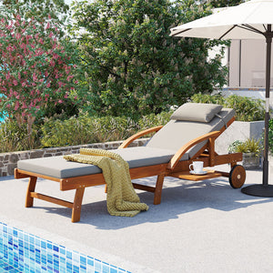 English Elm U_style Acacia Wood Outdoor Chaise Lounger with Reclining Backrest Cushions and Side Tray Gray N711P415859E