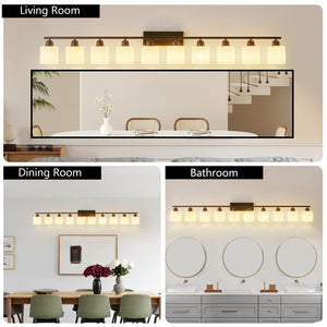 English Elm 10 Matte Black 10-Light Vanity Fixture 65.4" Over Mirror with White Glass Shades, Modern Wall Lighting W2312P374850