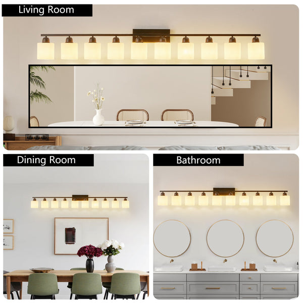 English Elm 10 Matte Black 10-Light Vanity Fixture 65.4" Over Mirror with White Glass Shades, Modern Wall Lighting W2312P374850