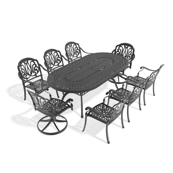 English Elm 9-Piece All-Weather Cast Aluminum Dining Set With Swivel Chairs & Cushions - Perfect For Patio Fun! W1710S00471