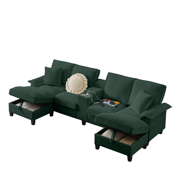 English Elm 120" Modular Corduroy Sectional Sofa Bed with Storage, U-Shaped 4-Seater, Cup Holders & Console Green W1359S00011