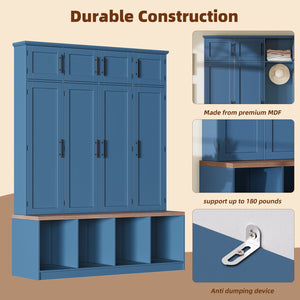 English Elm Farmhouse Hall Tree with Triple Arch Back Panel Eight Hooks Drawers and Entryway Bench Blue N721S000059C-1