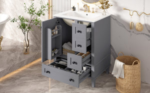 English Elm 24-inch Matte Bathroom Vanity Rubberwood Cabinet with Ceramic Sink and Soft-close Drawers Grey N729P377516E